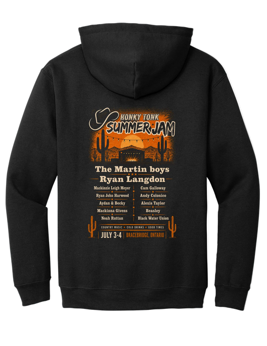 Black Honky Tonk Summer Jam hoodie featuring festival inspired western graphic on back.