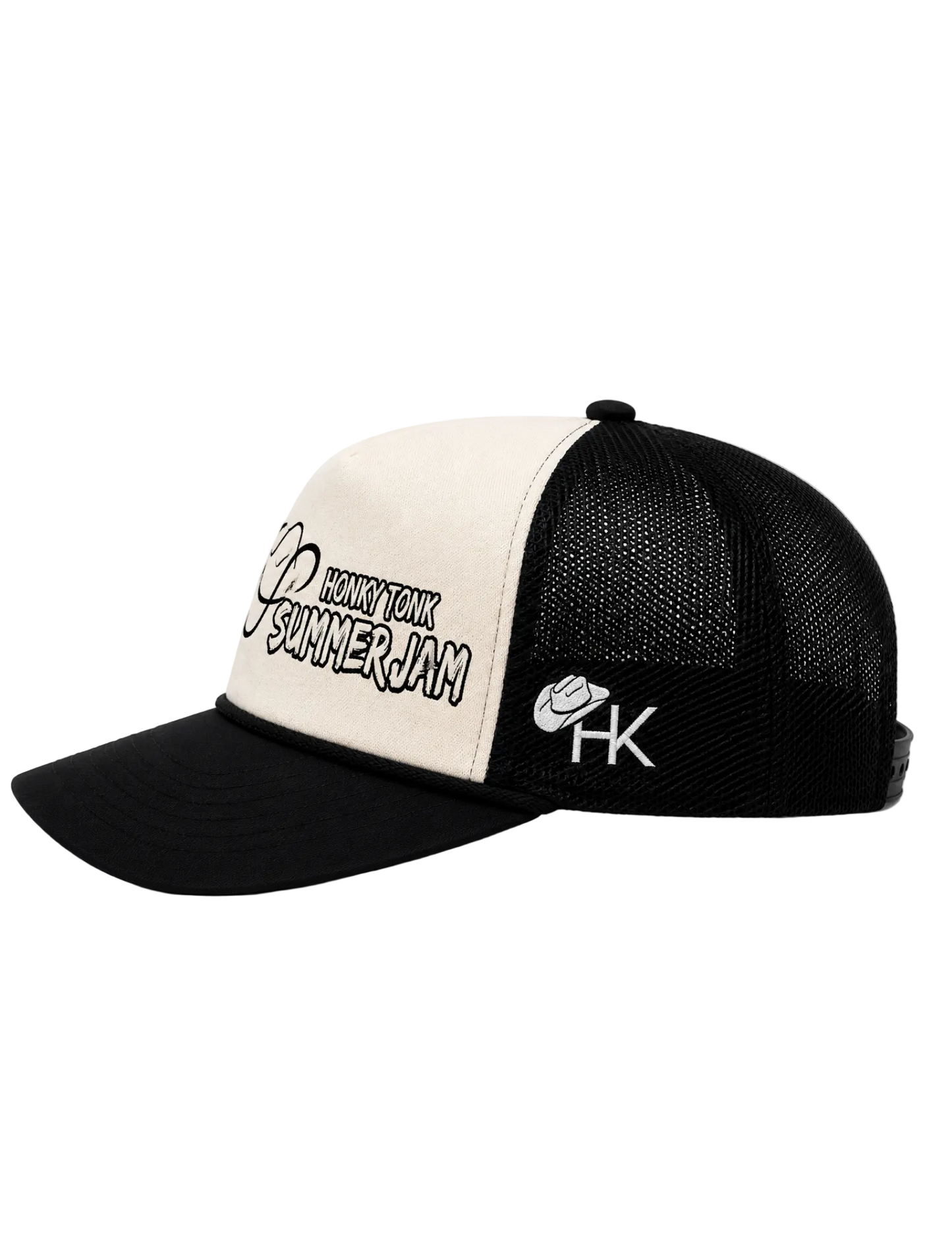 Black and white cap with text and logo on a white background