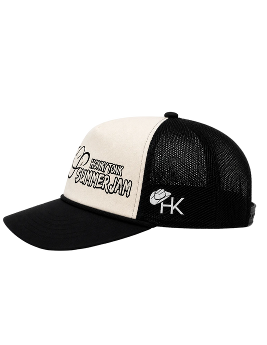 Black and white cap with text and logo on a white background