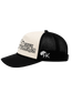 Black and white cap with text and logo on a white background