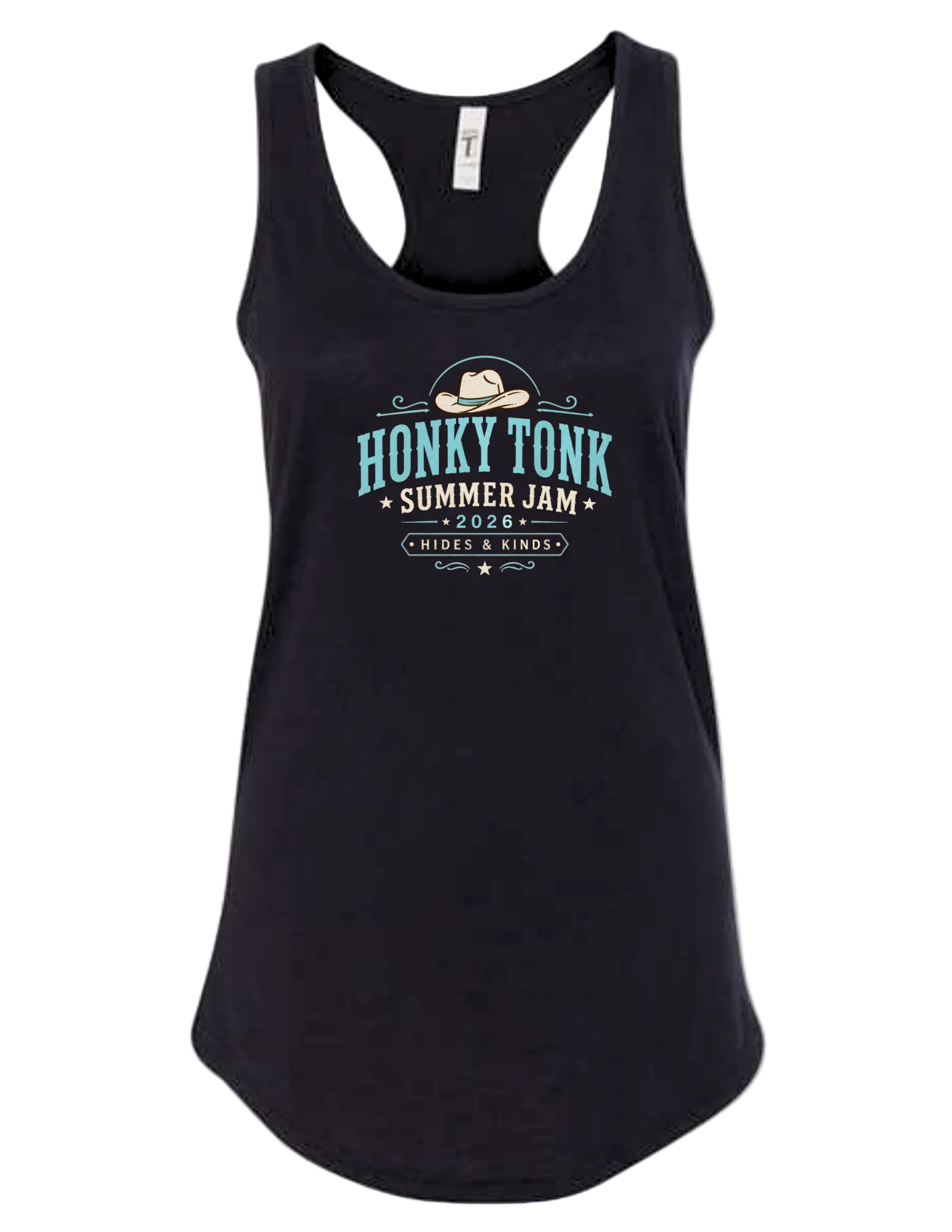 Women's black Honky Tonk Summer Jam racerback tank featuring turquoise western graphic with cowboy hat and Hides & Kinds branding.