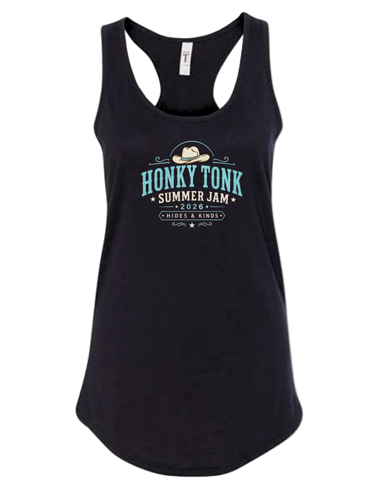 Women's black Honky Tonk Summer Jam racerback tank featuring turquoise western graphic with cowboy hat and Hides & Kinds branding.
