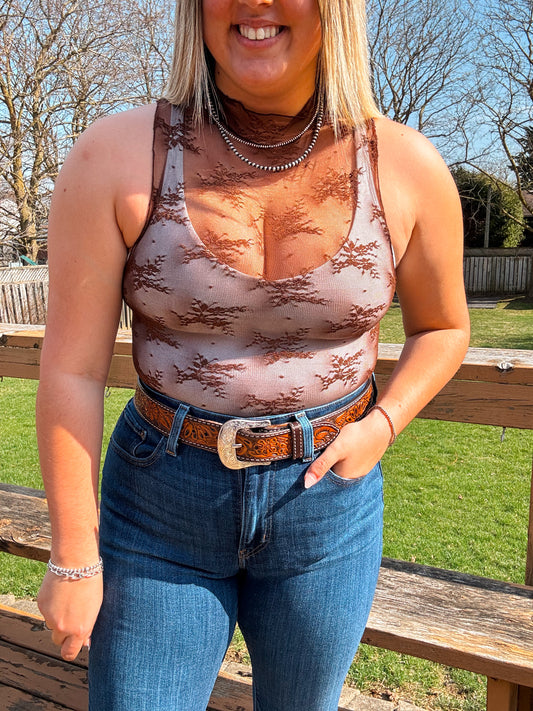 Model wearing Lace Mesh Tank Top in brown with western belt – Hides & Kinds