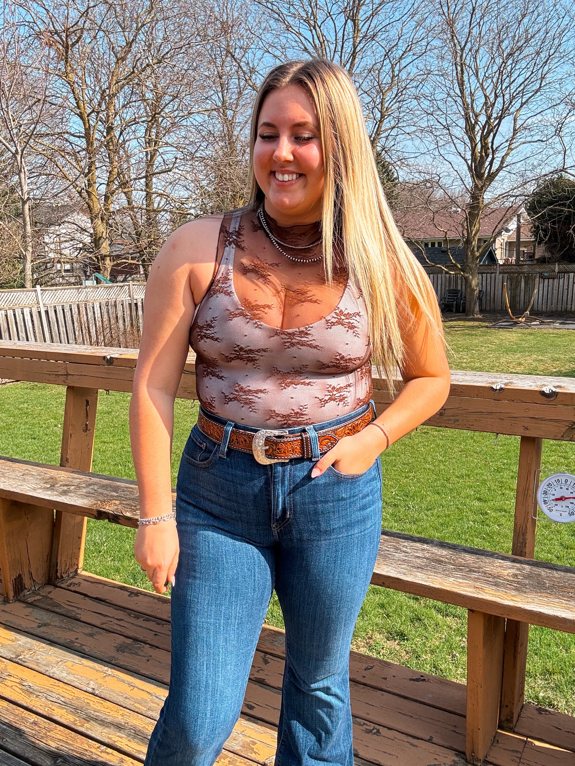 Brown lace mesh tank top styled with jeans and jewelry – Hides & Kinds