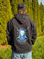 Back view of black Midnight Longhorn hoodie featuring blue longhorn skull graphic