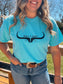 Woman wearing lagoon teal Hides and Kinds tee with black longhorn logo, close up view