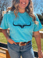 Full outfit shot of lagoon teal H&K logo tee styled with jeans and a western belt