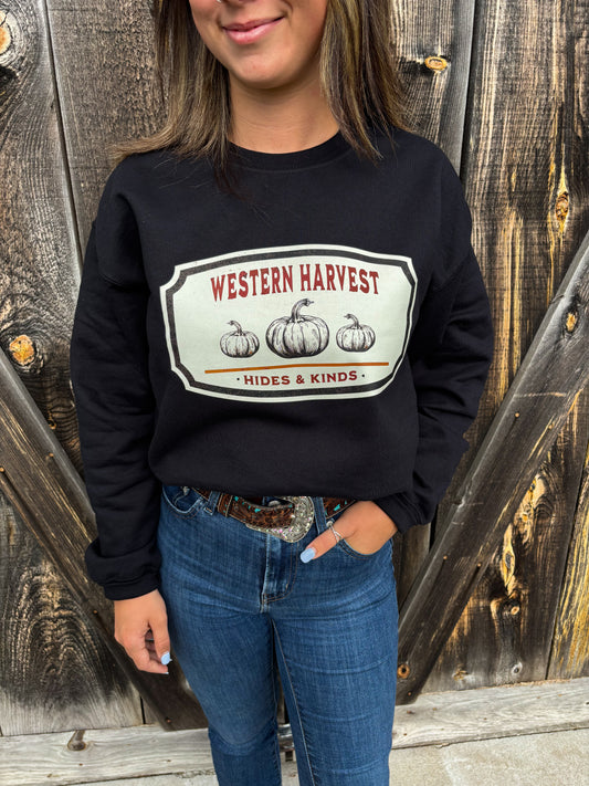 Close up of woman wearing black Western Harvest crewneck with vintage pumpkin graphic by Hides & Kinds.