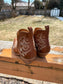 Back view of embroidered Brown Bronco Booties with stacked heel