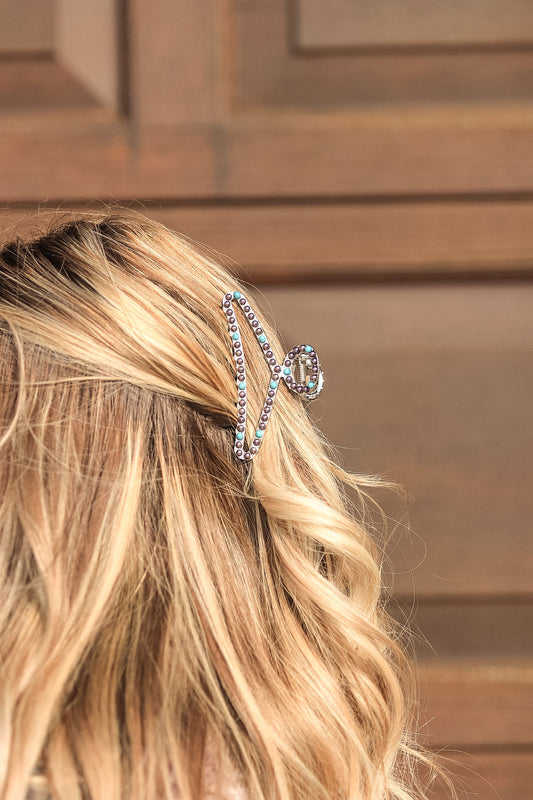 Western Waves Claw Clip with turquoise and pearl beading styled in blonde hair – Hides & Kinds